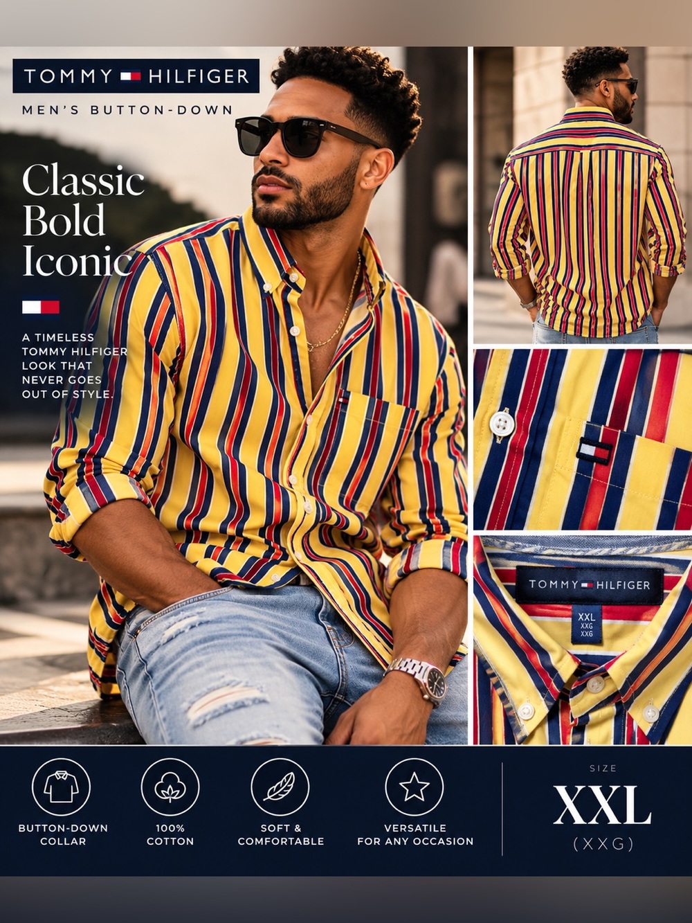 Tommy Hilfiger Men's Yellow Multi-Stripe Button-Down Shirt XXL